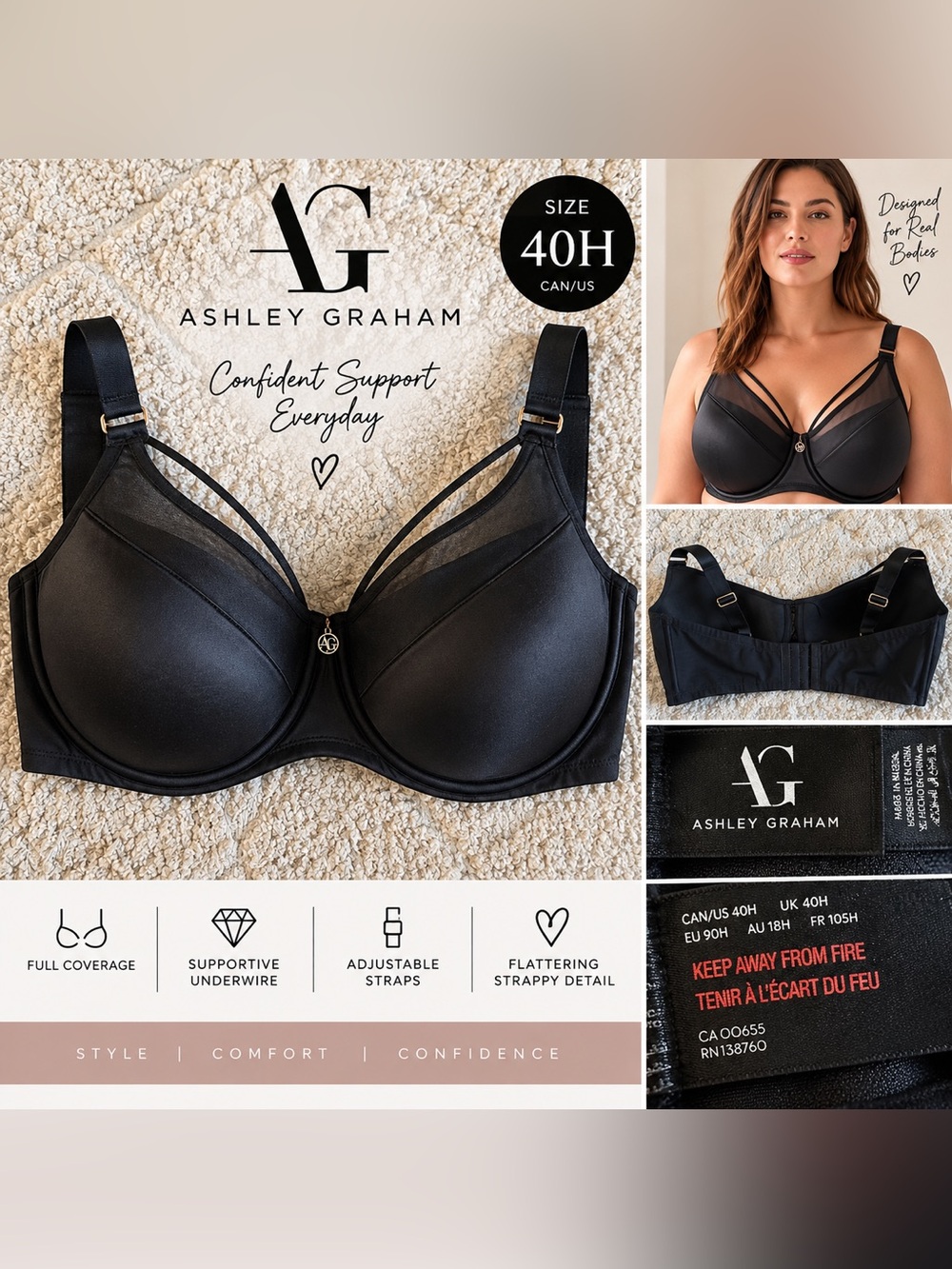 Ashley Graham Black Smooth Support Bra with Strappy Detail 40H